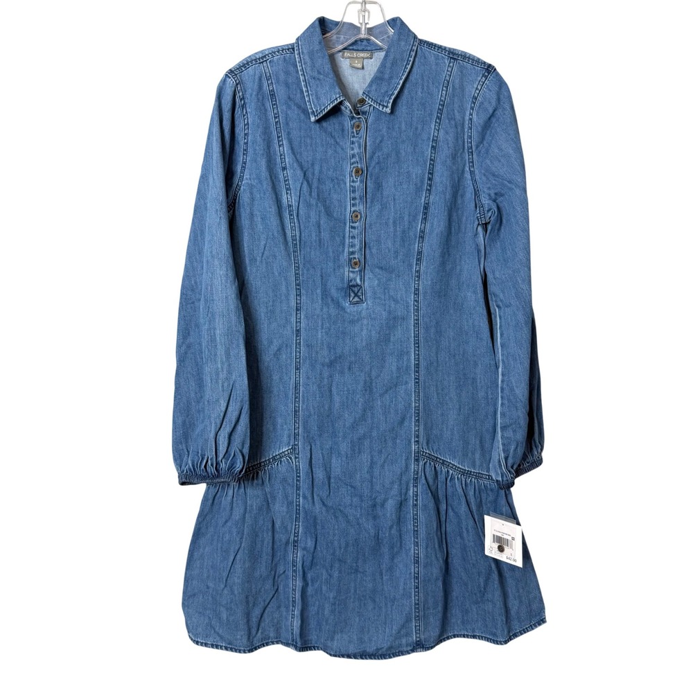 Falls Creek Denim Dress Womens S Blue Ruffle Hem Long Sleeve Shift Pocket New